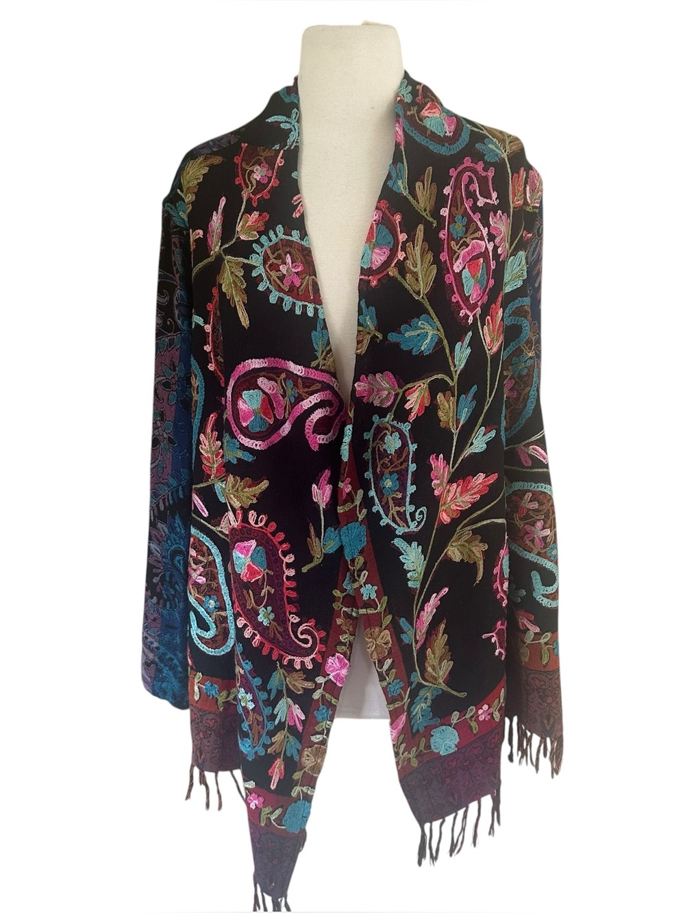 Soft Surroundings Kimono Cardigan M Floral Embroidered Fringe Duster Topper Boho - Picture 1 of 8